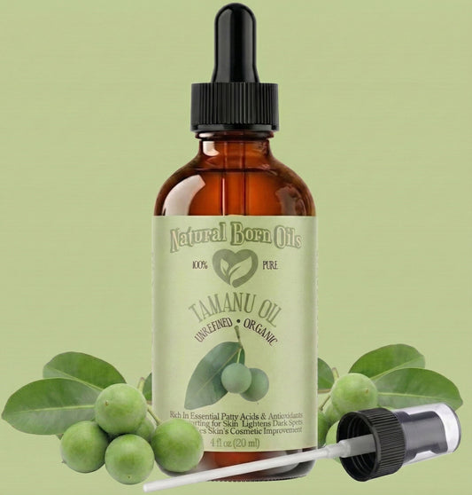 Bottle of Natural Born Oils Tamanu Oil with dropper on a green background