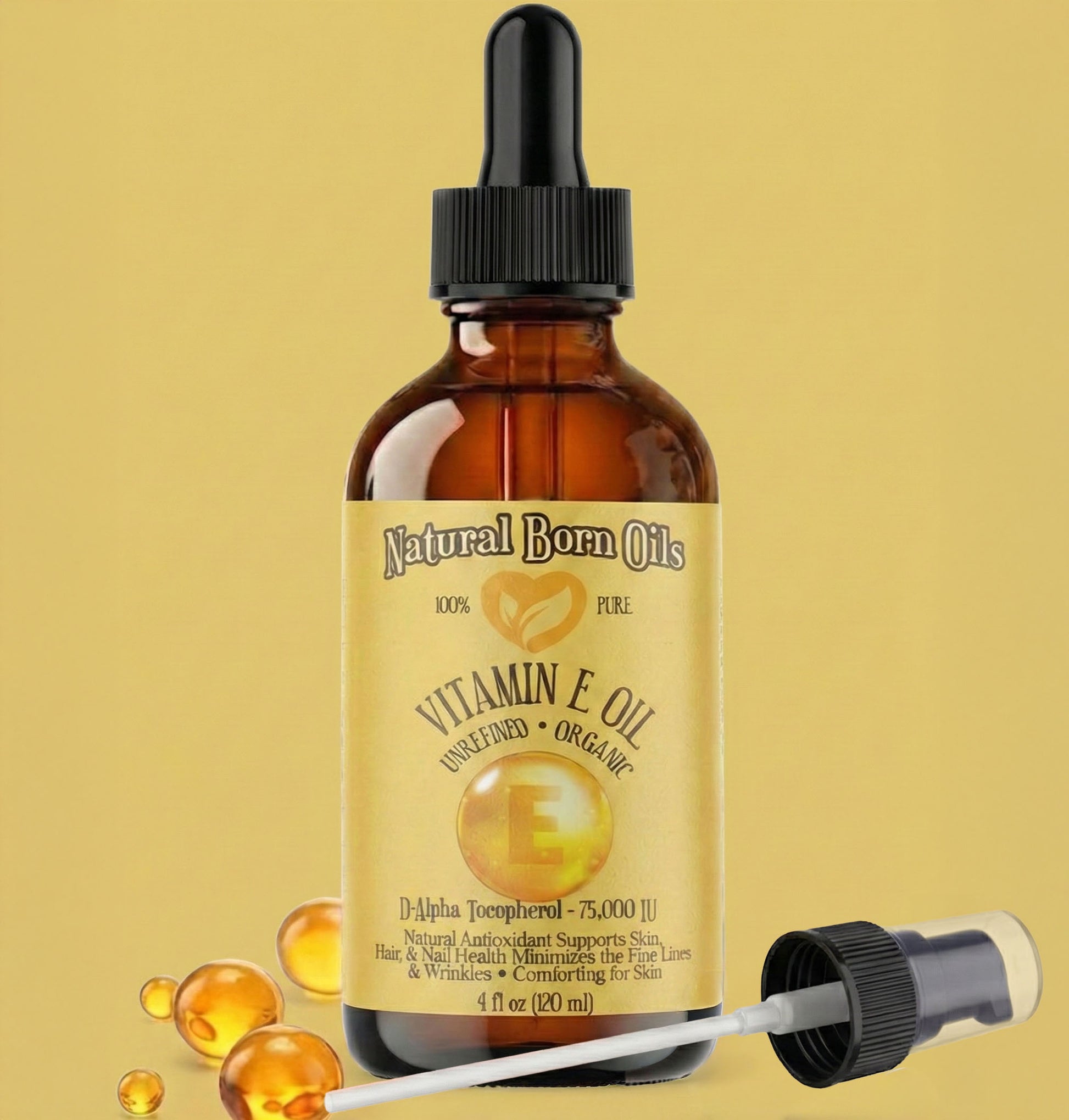 Bottle of Natural Born Oils Vitamin E Oil with dropper on a yellow background