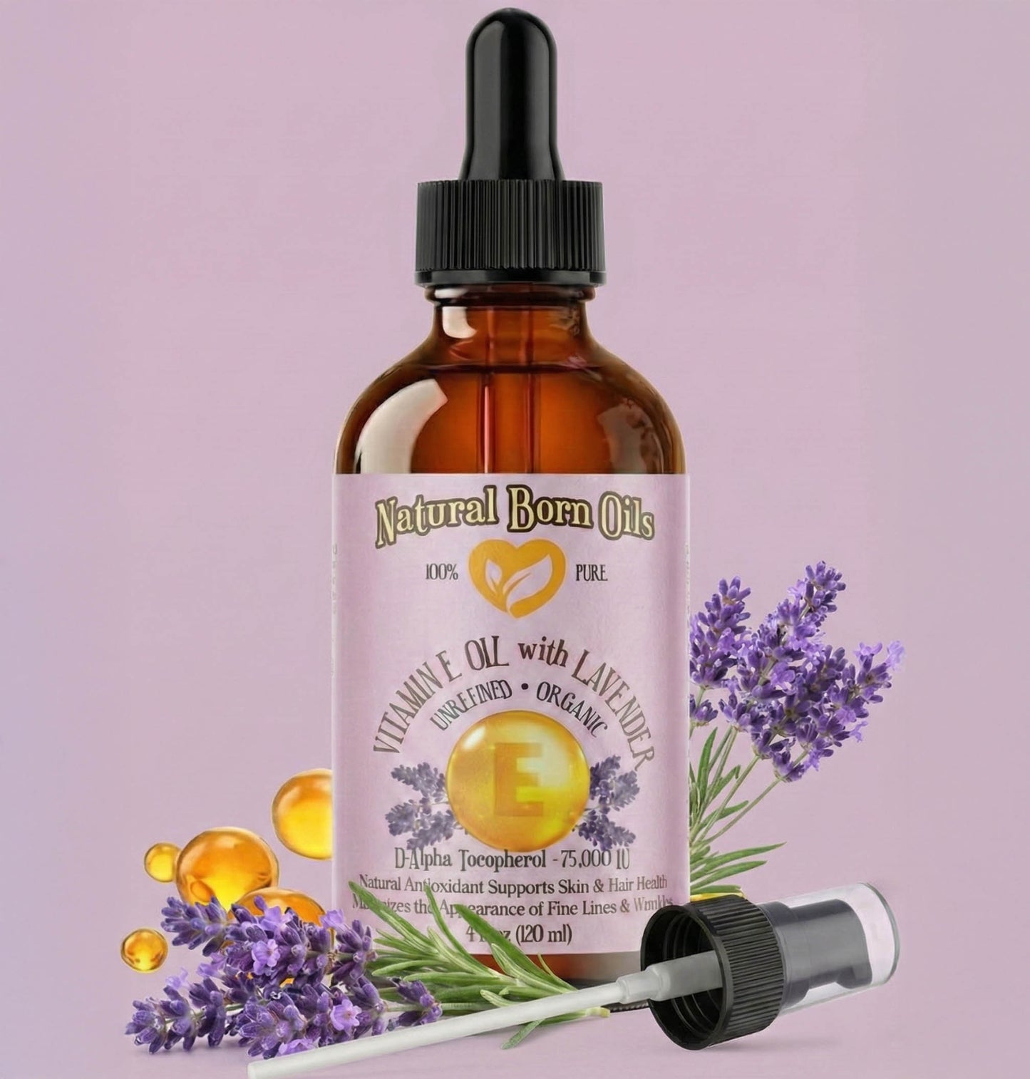 Bottle of Natural Born Oils vitamin E oil with lavender on a purple background