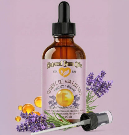 Bottle of Natural Born Oils vitamin E oil with lavender on a purple background