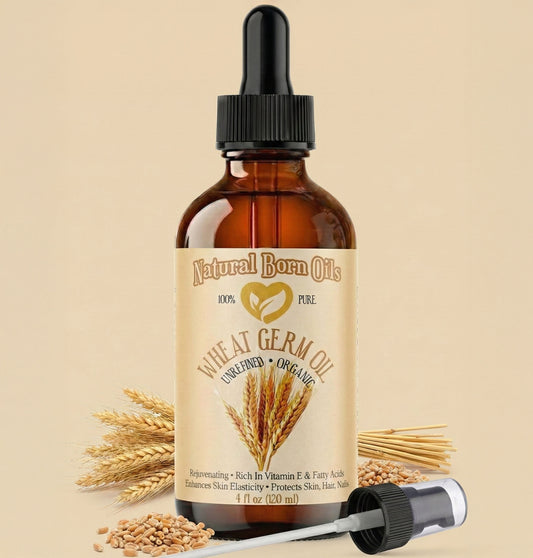 Bottle of Natural Born Oils wheat germ oil with a dropper on a beige background