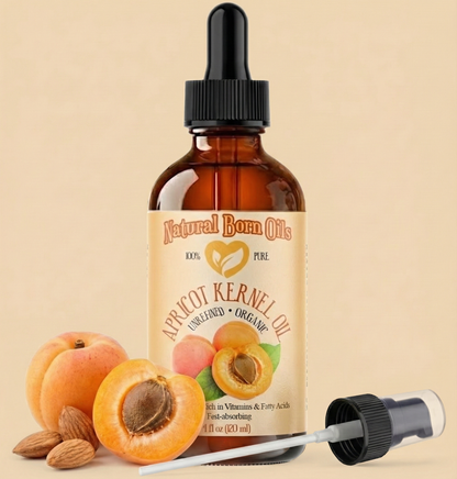 Bottle of Natural Born Oils apricot kernel oil with a dropper on a beige background
