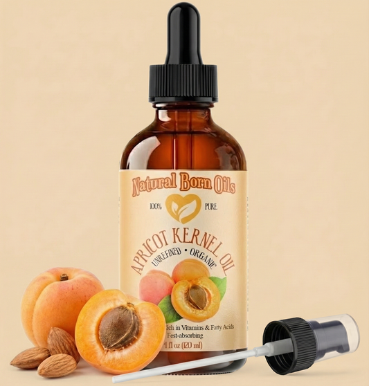 Bottle of Natural Born Oils apricot kernel oil with a dropper on a beige background