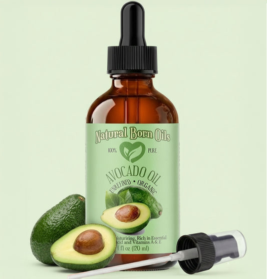 Bottle of Natural Born Oils Avocado Oil with dropper on a light green background
