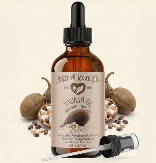 Bottle of Natural Born Oils Baobab Oil with dropper on a beige background