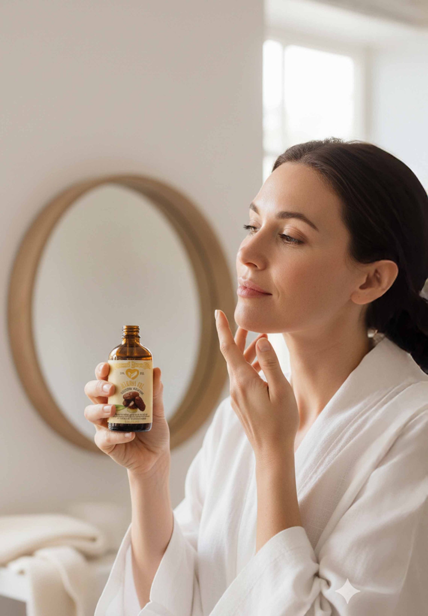 Woman in a white robe holding a bottle of skincare product in a bathroom setting.